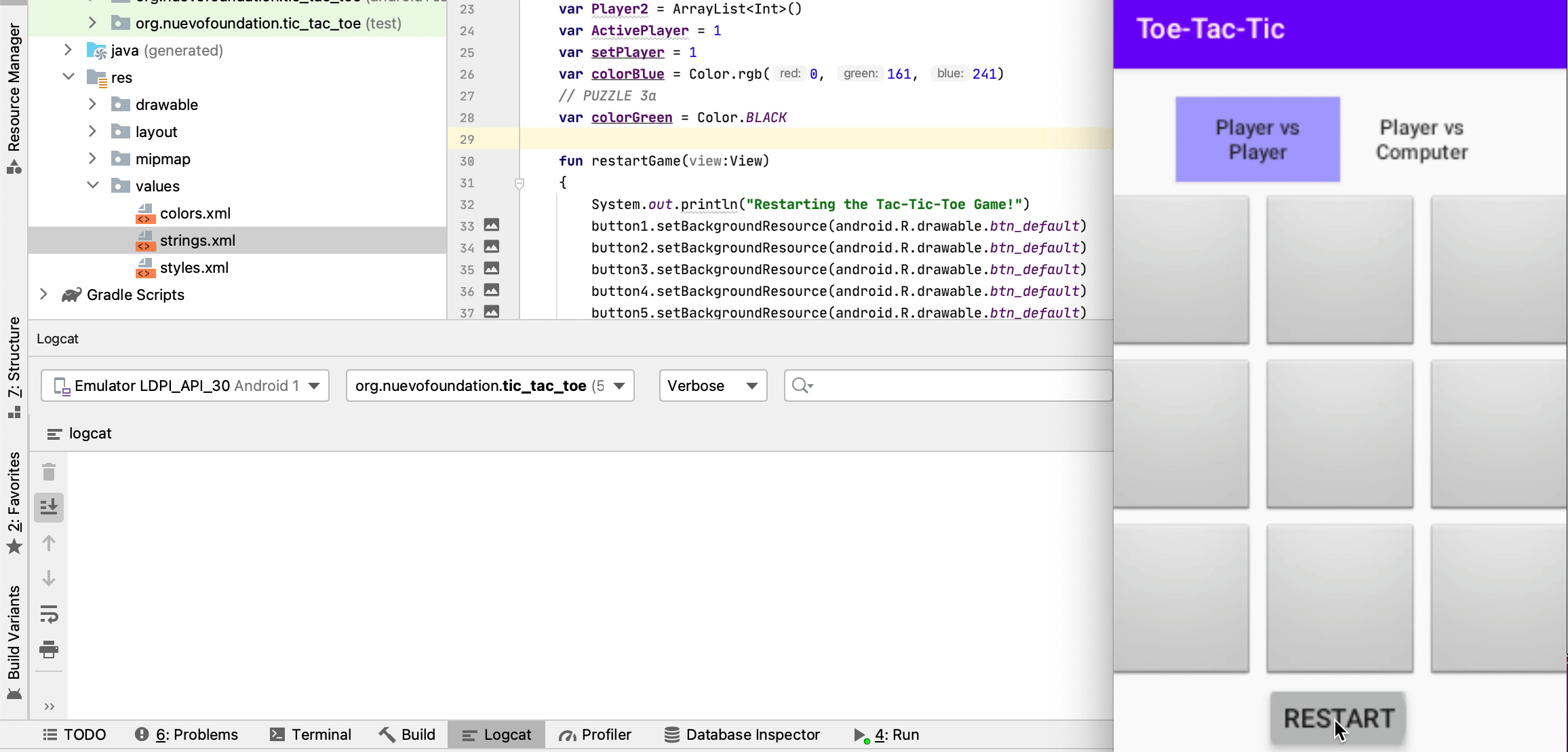 Logcat window in Android Studio showing messages created using the System.out.printIn logging function