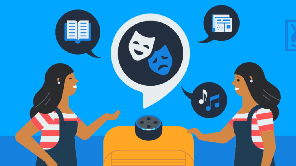 Two women talking to each other with speech bubbles in the background