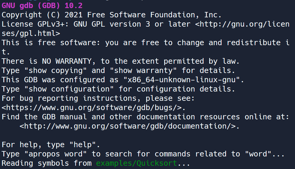 Running GDB on &lsquo;Quicksort&rsquo; file.