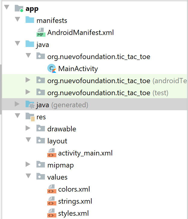 Arquivos do aplicativo mostrados no Android Studio