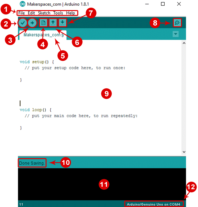 Texto Alt: Imagem rotulada do IDE do Arduino