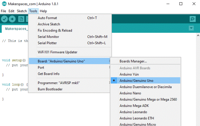 Alt Text: Screenshot do Arduino IDE mostrando como selecionar o nosso tipo de placa