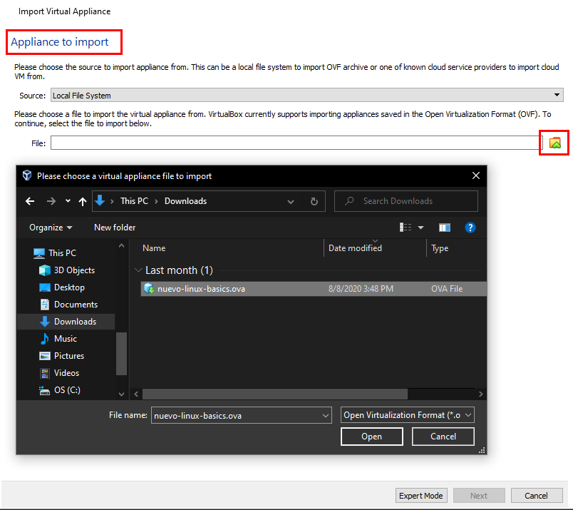 janela de carregamento de uma imagem para a virtual box