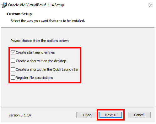 opções de instalação da virtual box