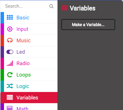 Menu MakeCode mostrando a seção Variáveis selecionada