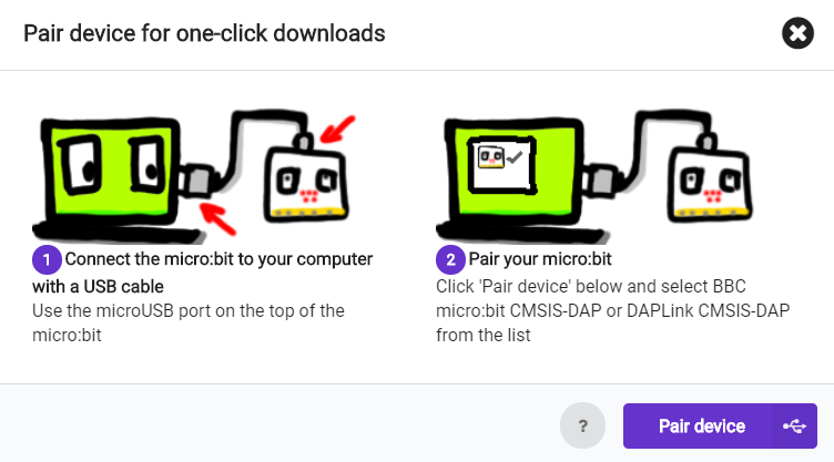 A janela pop-up instruindo a conectar o micro:bit e parear o dispositivo