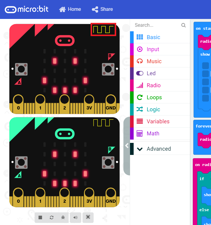 Imagem dos micro:bits simulados com o rádio destacado