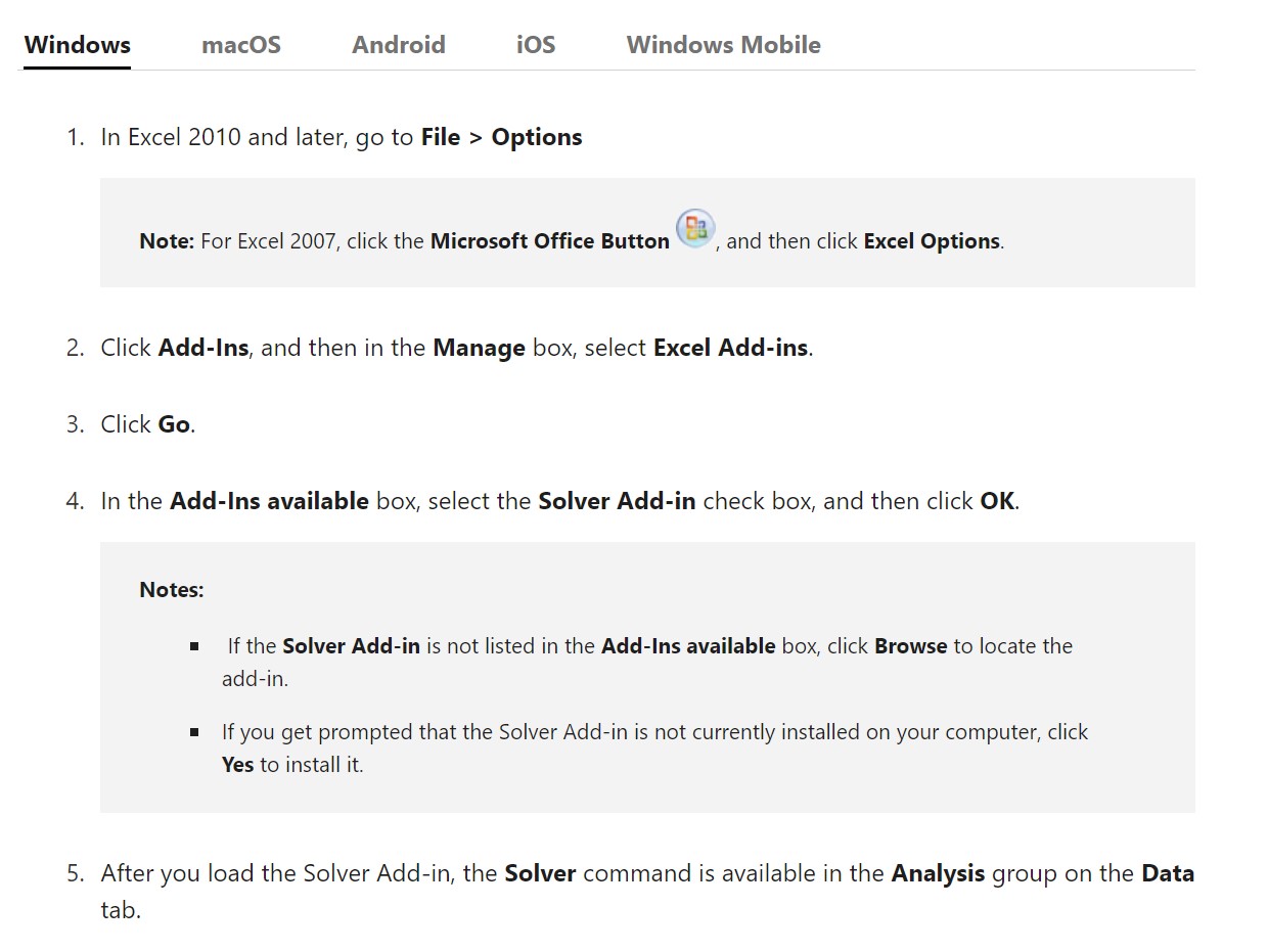 Captura de tela das etapas para baixar o Solver (solucionador) do Excel