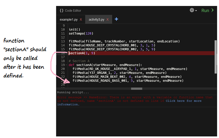 Example showing the function called before the name defintion and the producting NameError