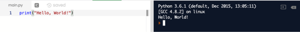 Screenshot of Trinket showing print(&ldquo;Hello World&rdquo;) in the main.py file and the result in the console on the right