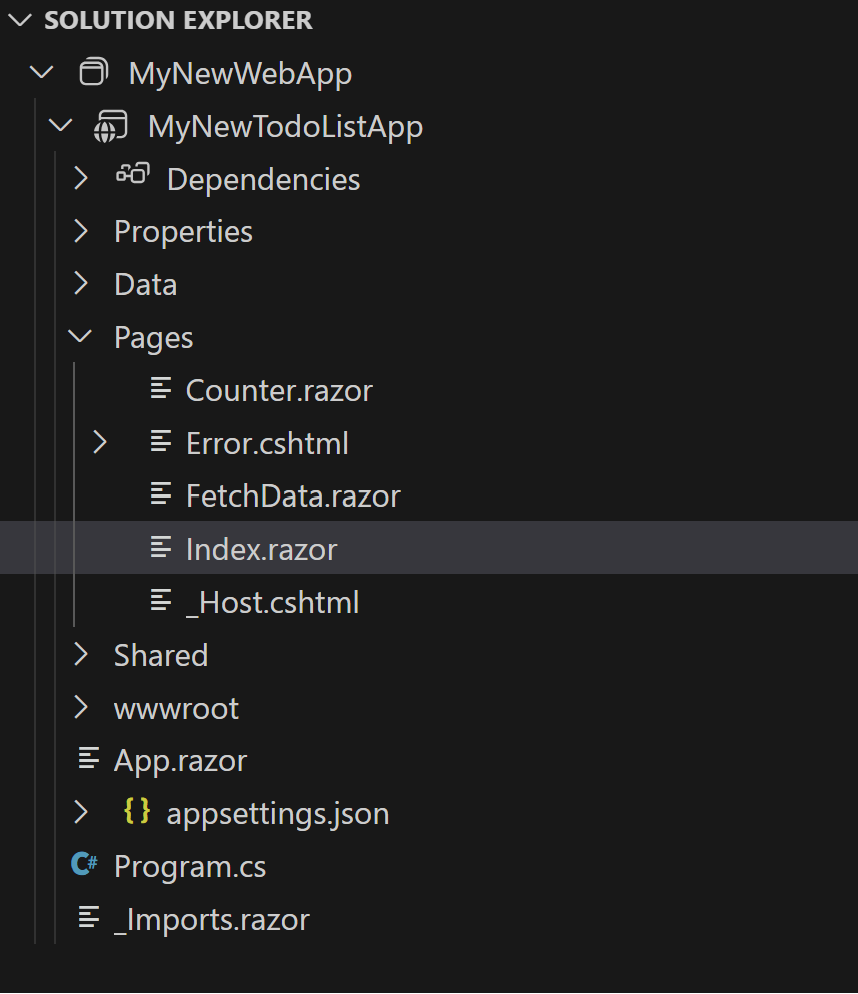 Screenshot of Solution Explorer in VS Code